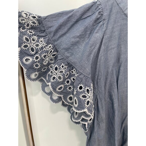 Isaac Mizrahi Live Cotton Lawn Split Neck Embroidered Blouse Womens 3X Chambray - Picture 6 of 11